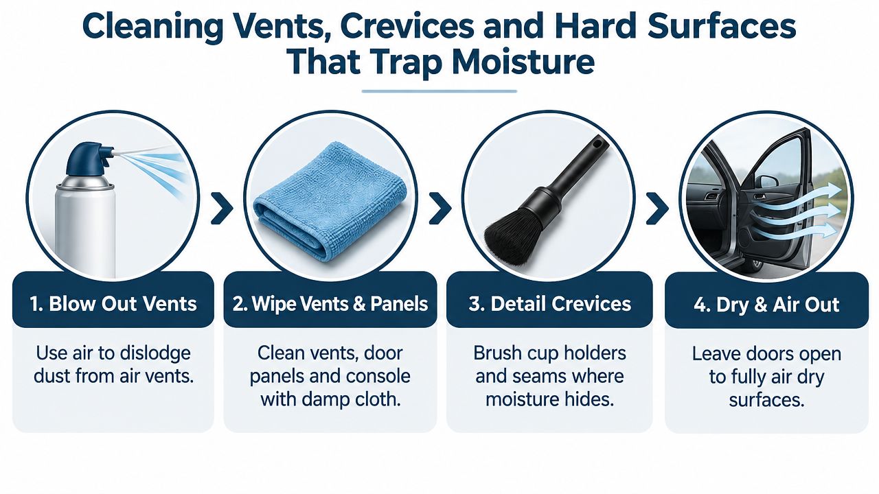 A four-step guide illustrating how to clean car vents and crevices to prevent trapped moisture and odors.