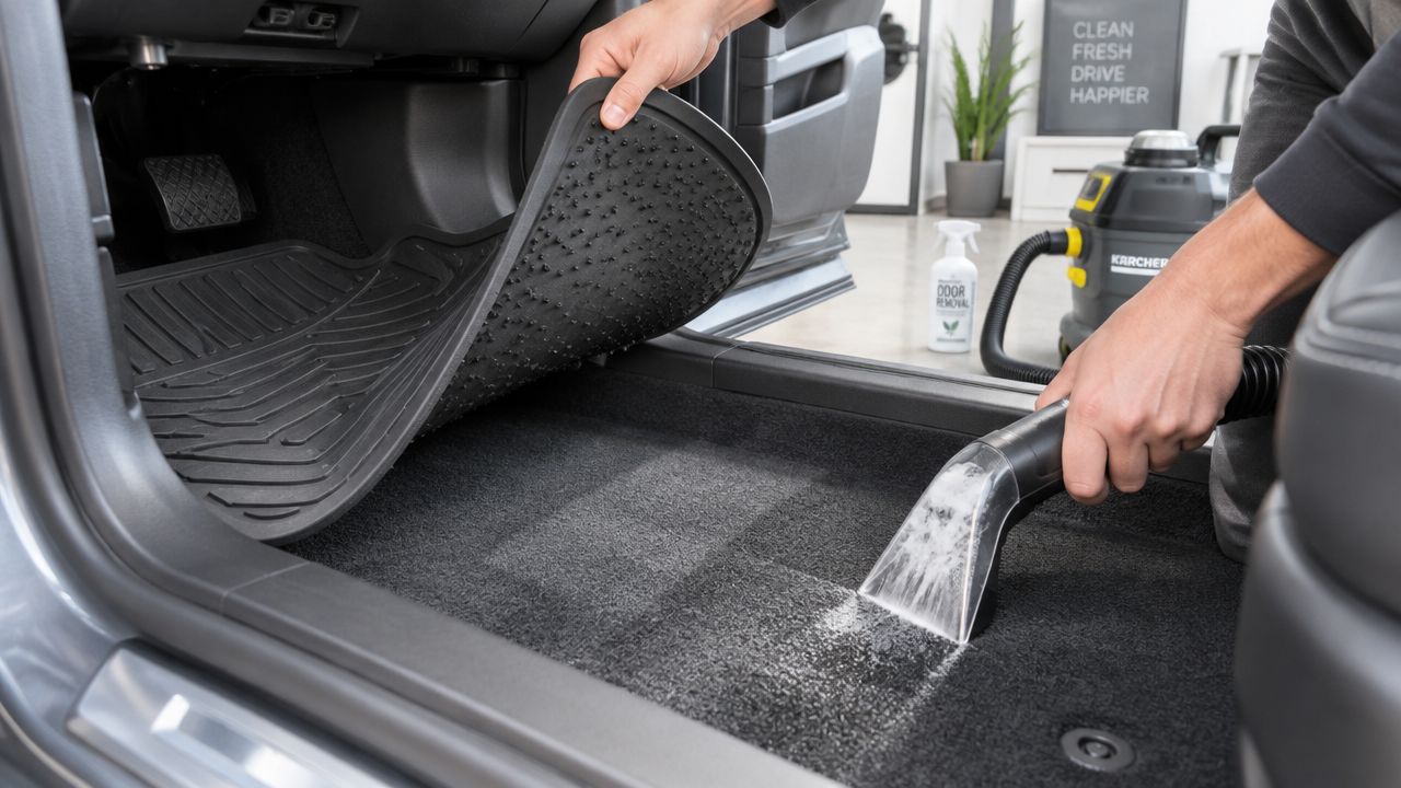 A person using a wet-dry vacuum to deep clean the carpet of a car floor.