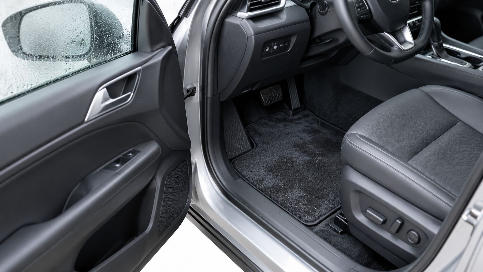 The interior of a modern car showing a clean driver side floor mat and leather seat.