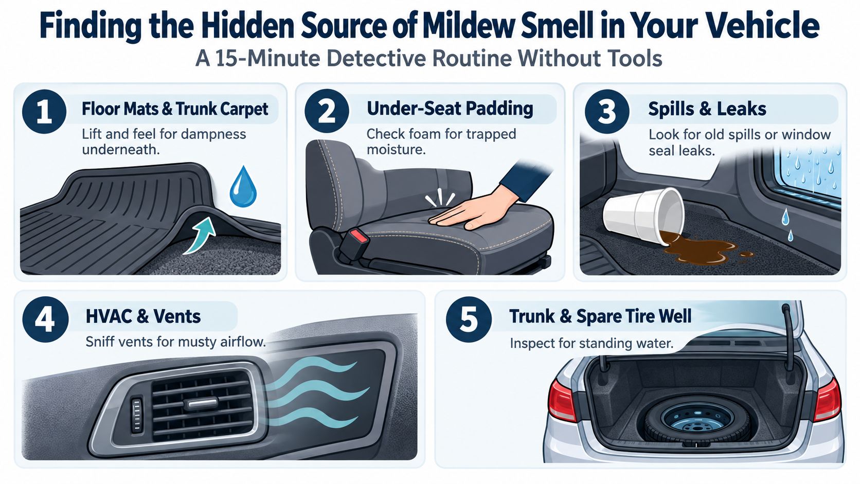 A five-step guide illustration on how to identify the source of a mildew smell in your car.