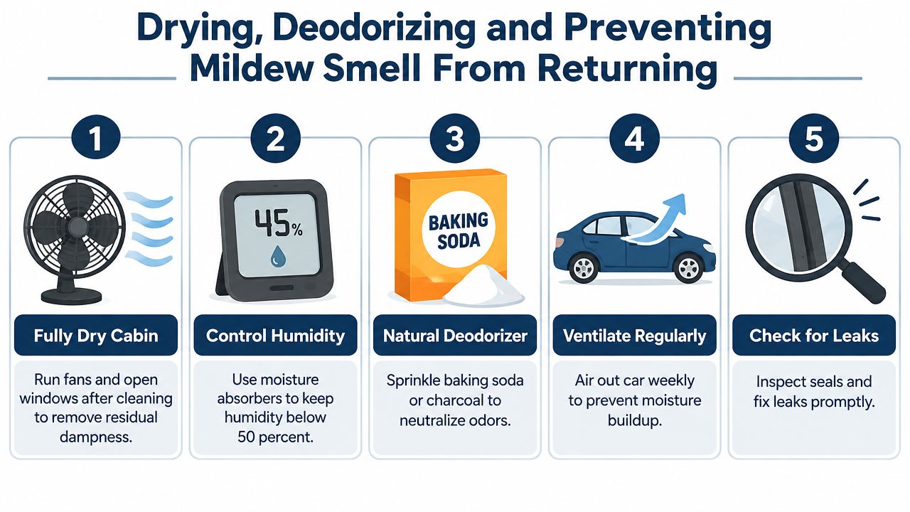 A five-step instructional guide on how to dry, deodorize, and prevent mildew smell in a vehicle.