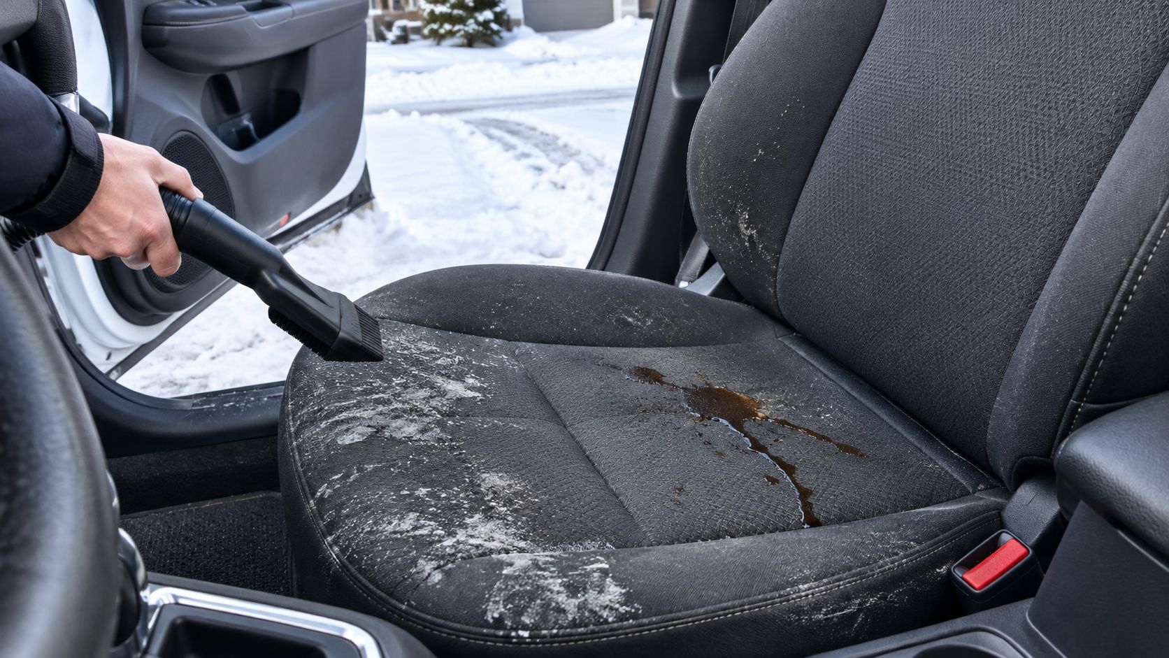 A person using a vacuum attachment to clean dirt and a liquid spill off a car seat.