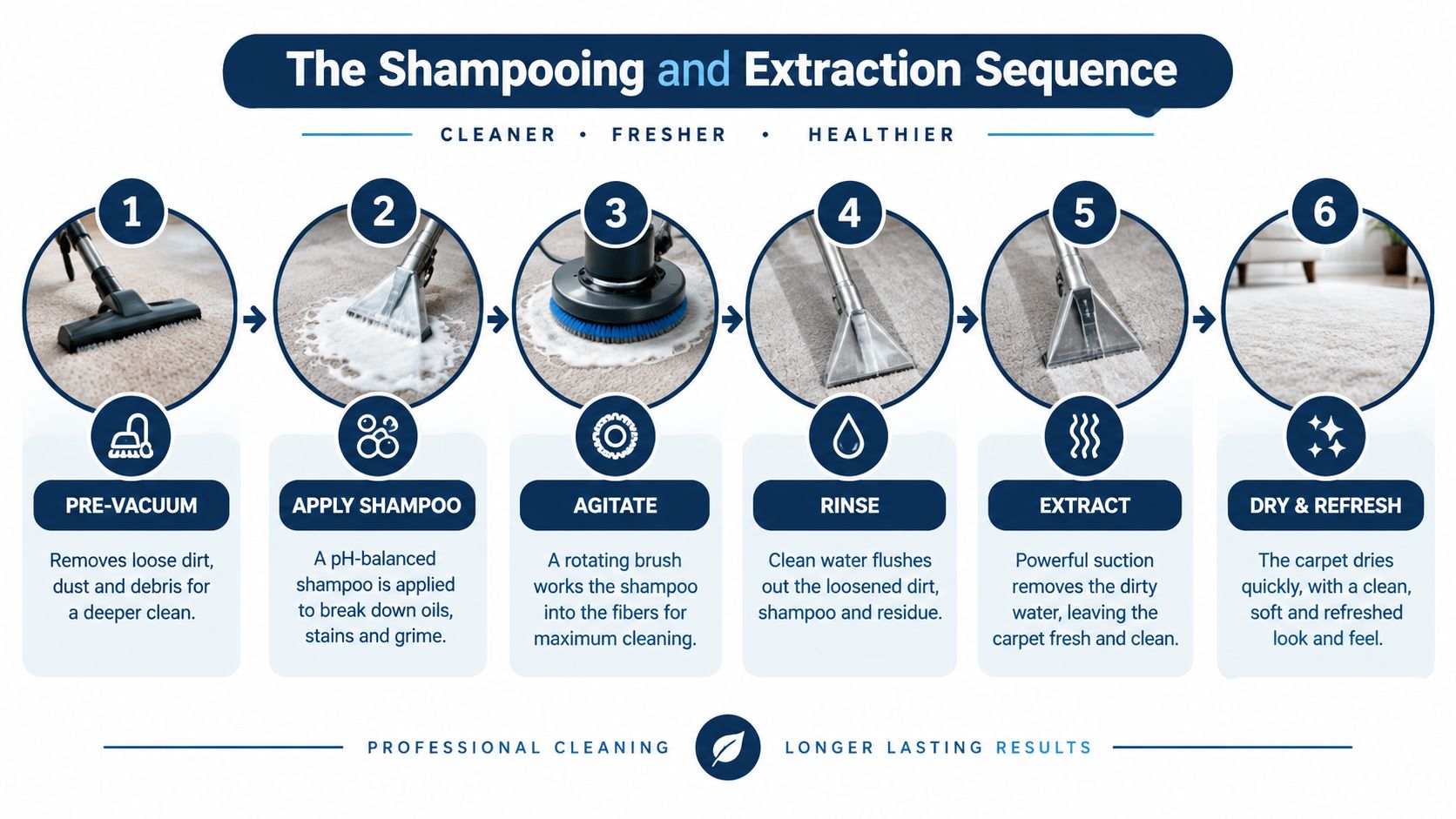 A step-by-step infographic illustrating the six-stage professional carpet shampooing and extraction cleaning process.