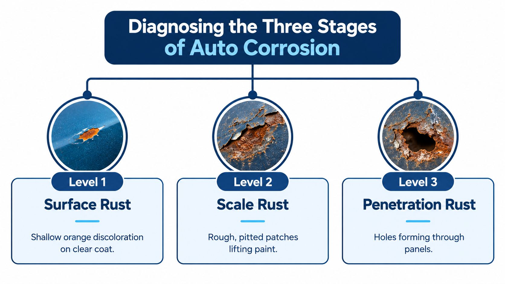 An educational chart displaying three levels of auto corrosion with visual examples and descriptive text for each.