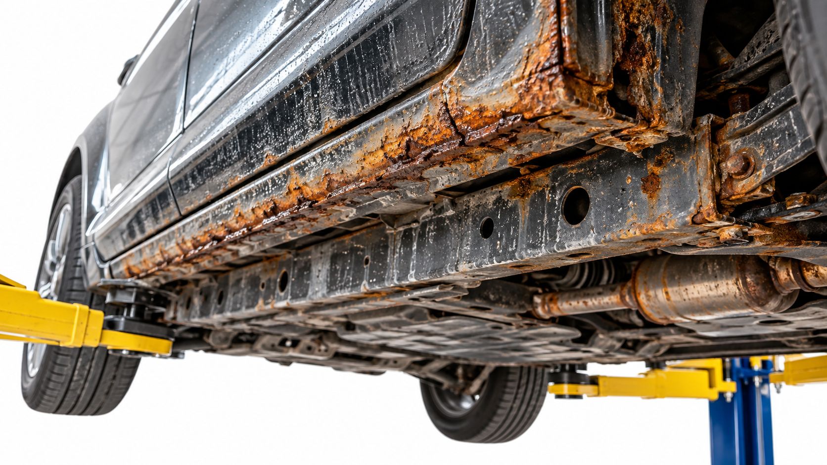 A close-up view of a car undercarriage showing severe rust damage on the side frame and rocker panel.