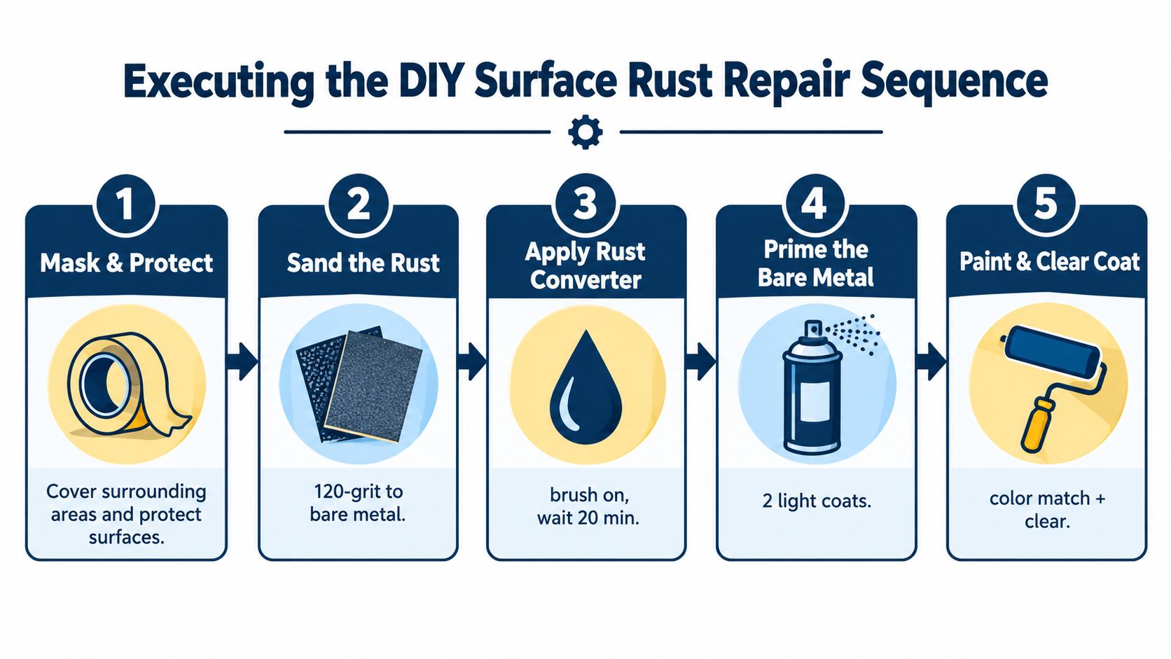 A five-step infographic showing the sequence for a DIY surface rust repair on a vehicle.