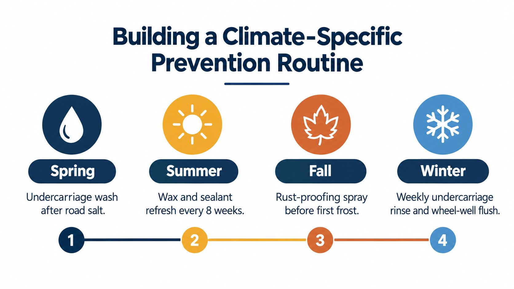 A seasonal automotive maintenance guide showing a four-step plan to prevent car rust throughout the year.
