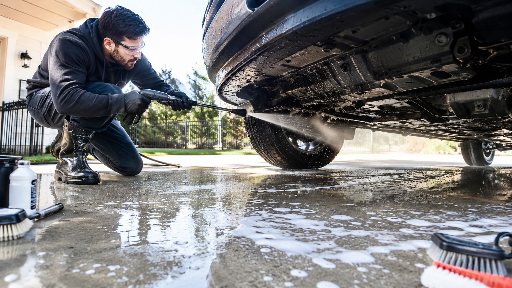 A man wearing protective gear uses a pressure washer to clean the undercarriage of a car outdoors.