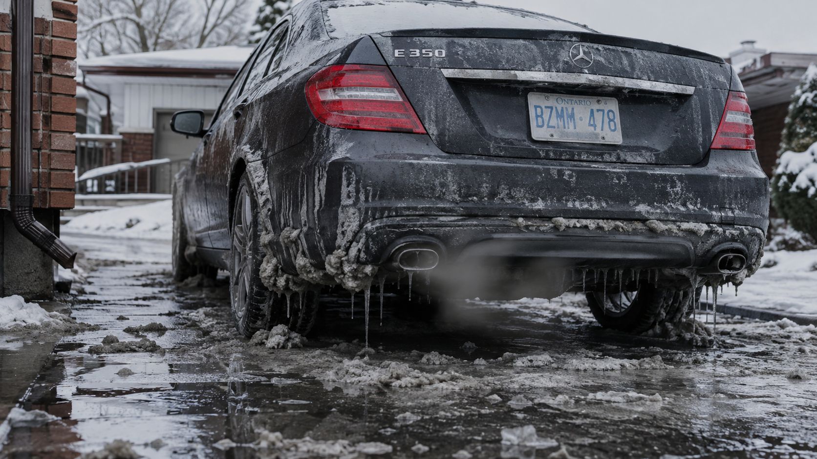 A dirty black Mercedes E350 car covered in snow and ice parked on a slushy winter driveway.