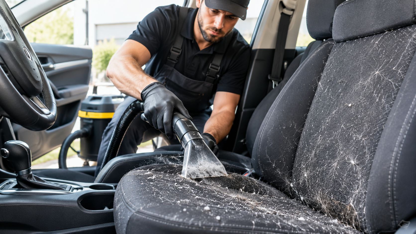A professional car detailer uses a vacuum cleaner to remove pet hair from a vehicle's fabric car seat.