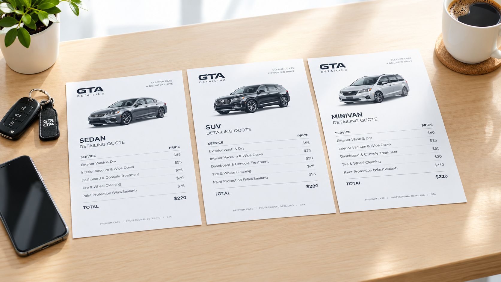 Three price list flyers for GTA Detailing showing service costs for a sedan, SUV, and minivan.