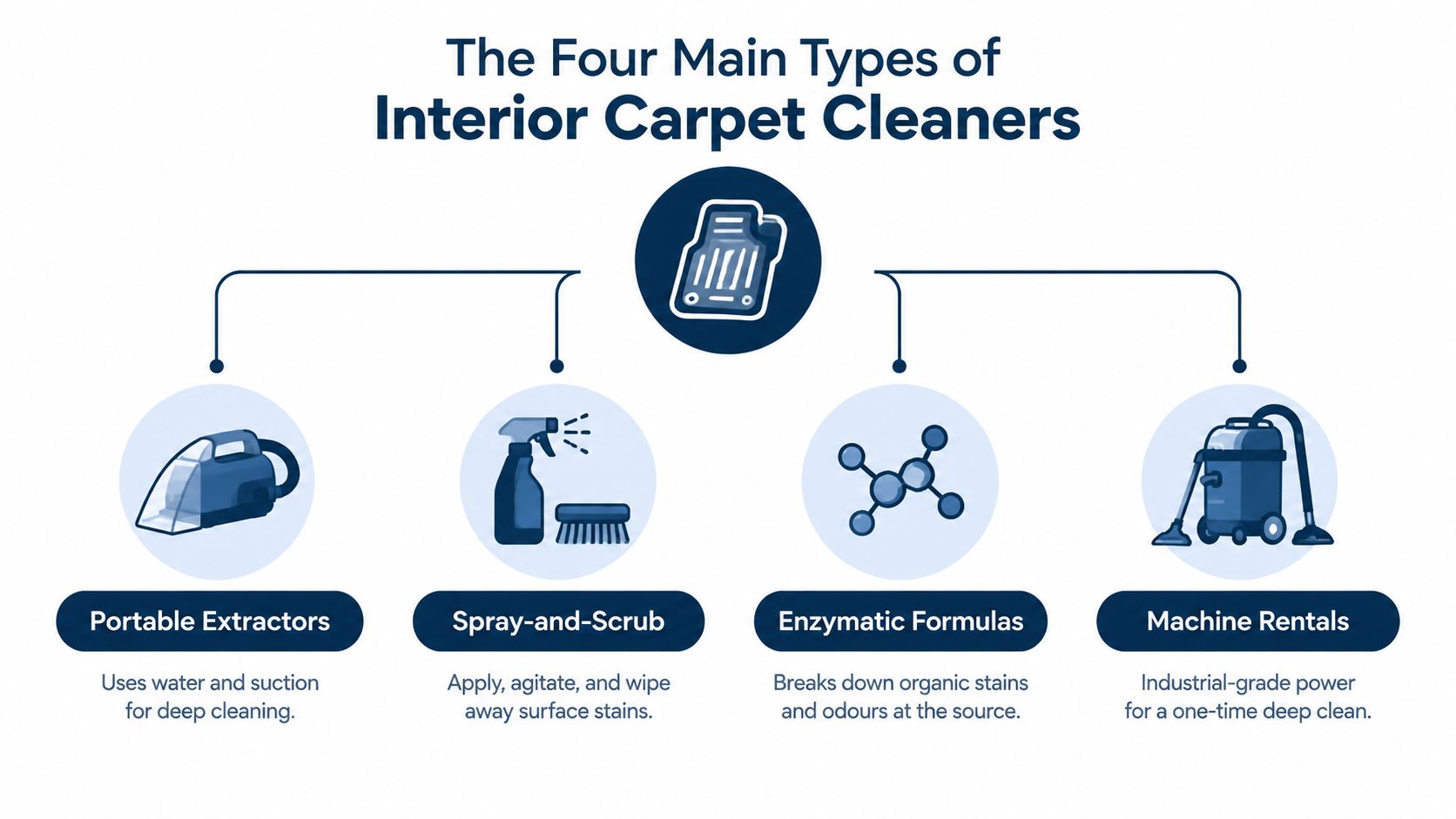 A diagram illustrating the four main types of interior carpet cleaners including extractors, sprays, enzymes, and machines.