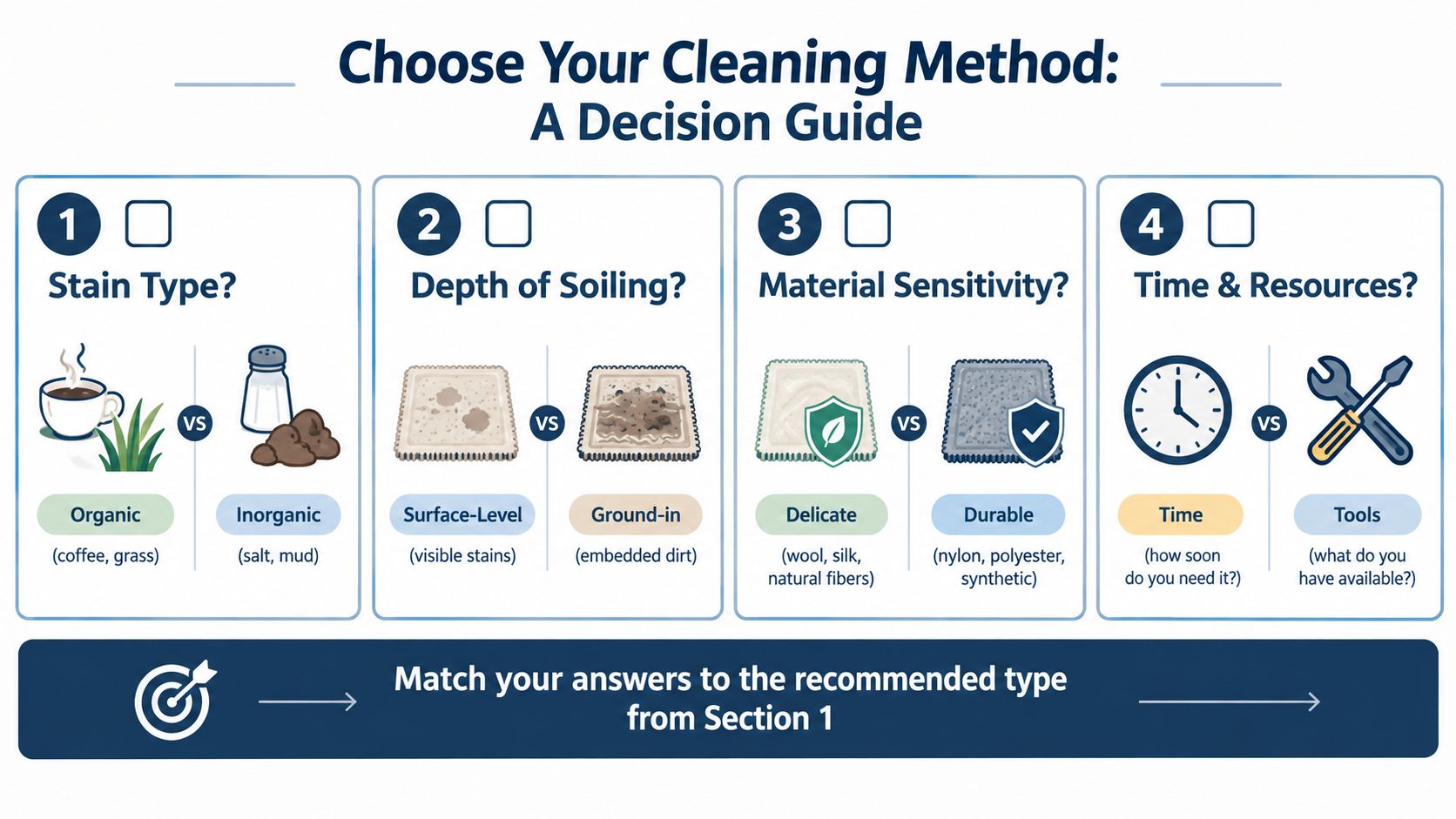 A decision guide infographic illustrating four steps to choose the right carpet cleaning method.