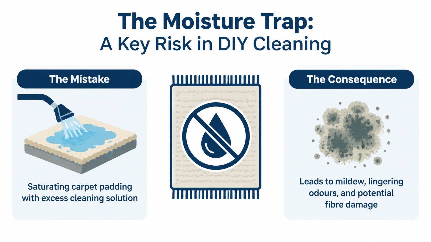 An infographic warning about the risks of over-saturating carpet padding with cleaning solution during DIY cleaning.