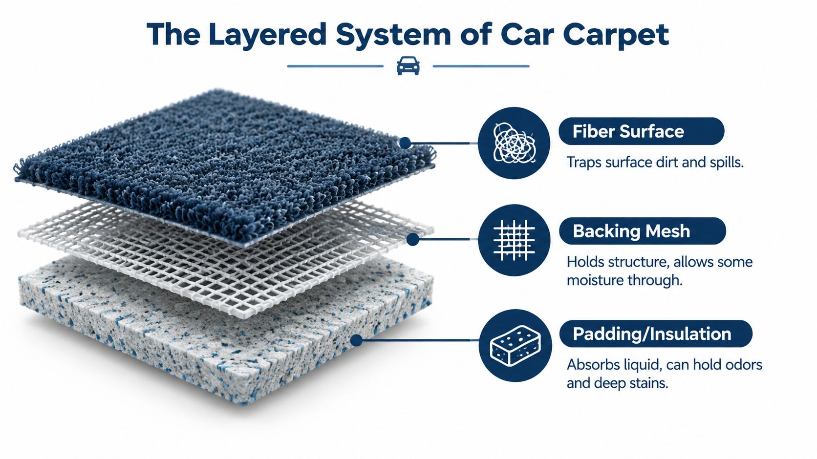 A diagram illustrating the three structural layers of car carpeting: fiber surface, backing mesh, and padding insulation.