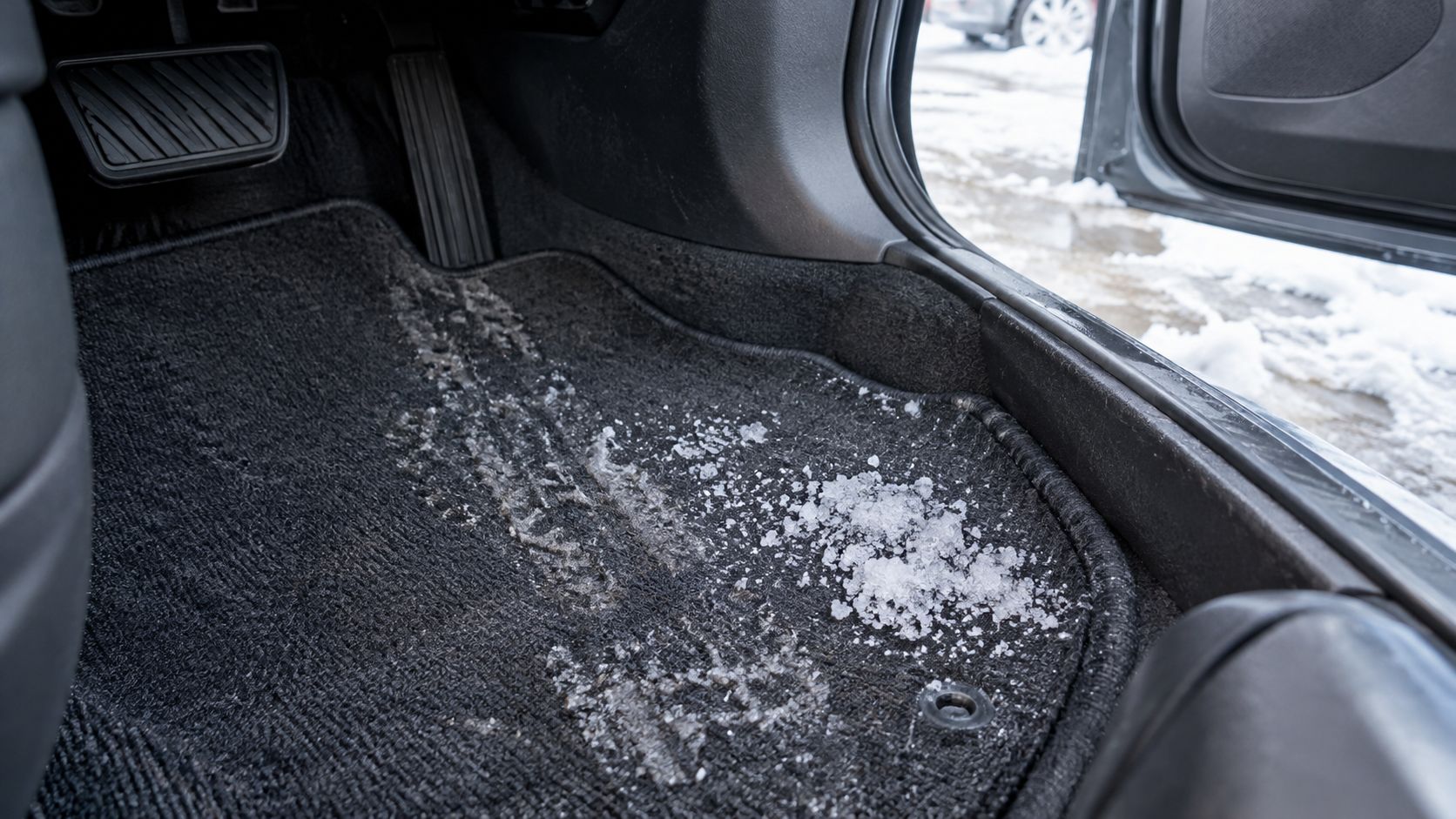 A close-up view of a car floor mat covered in snow and debris during winter.