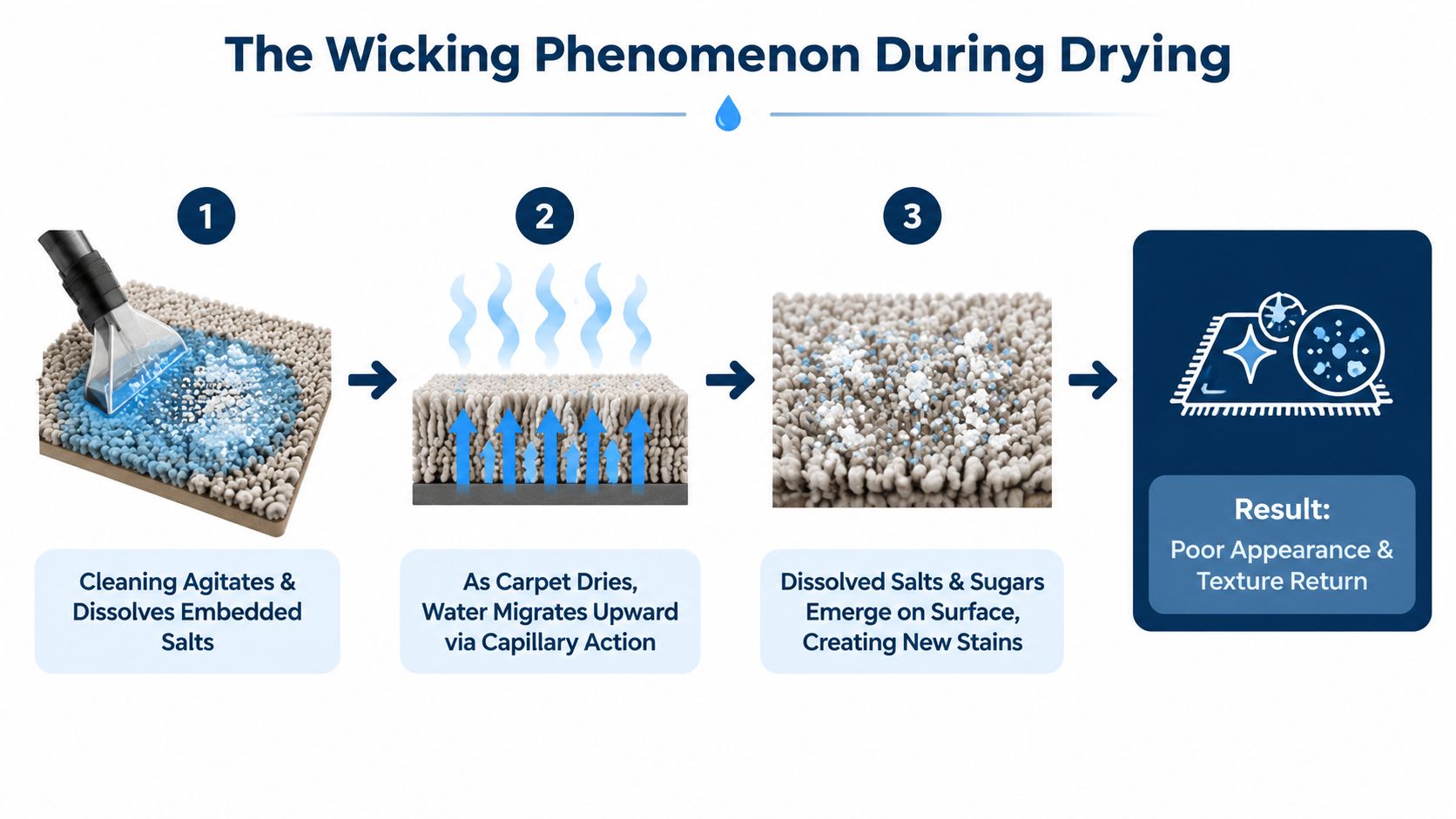 A diagram illustrating the carpet wicking phenomenon where cleaning, drying, and stain residue emergence occur over time.