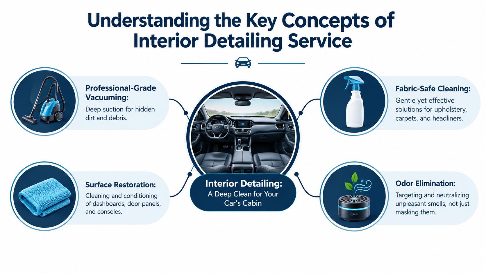 An infographic illustrating four key components of professional car interior detailing services with descriptive icons.