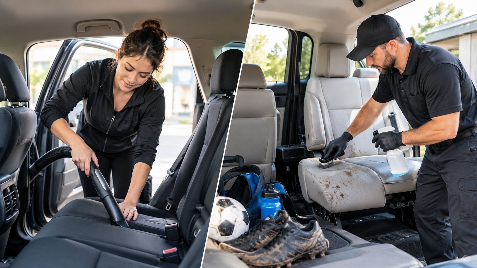 A split-screen image showing a professional car interior detailing service cleaning black and light-colored vehicle seats.