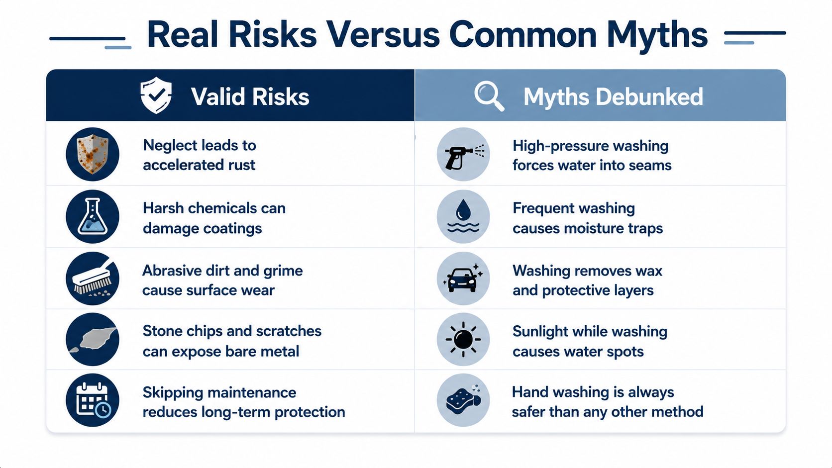 A comparison chart showing valid car maintenance risks versus common washing myths to dispel misinformation.