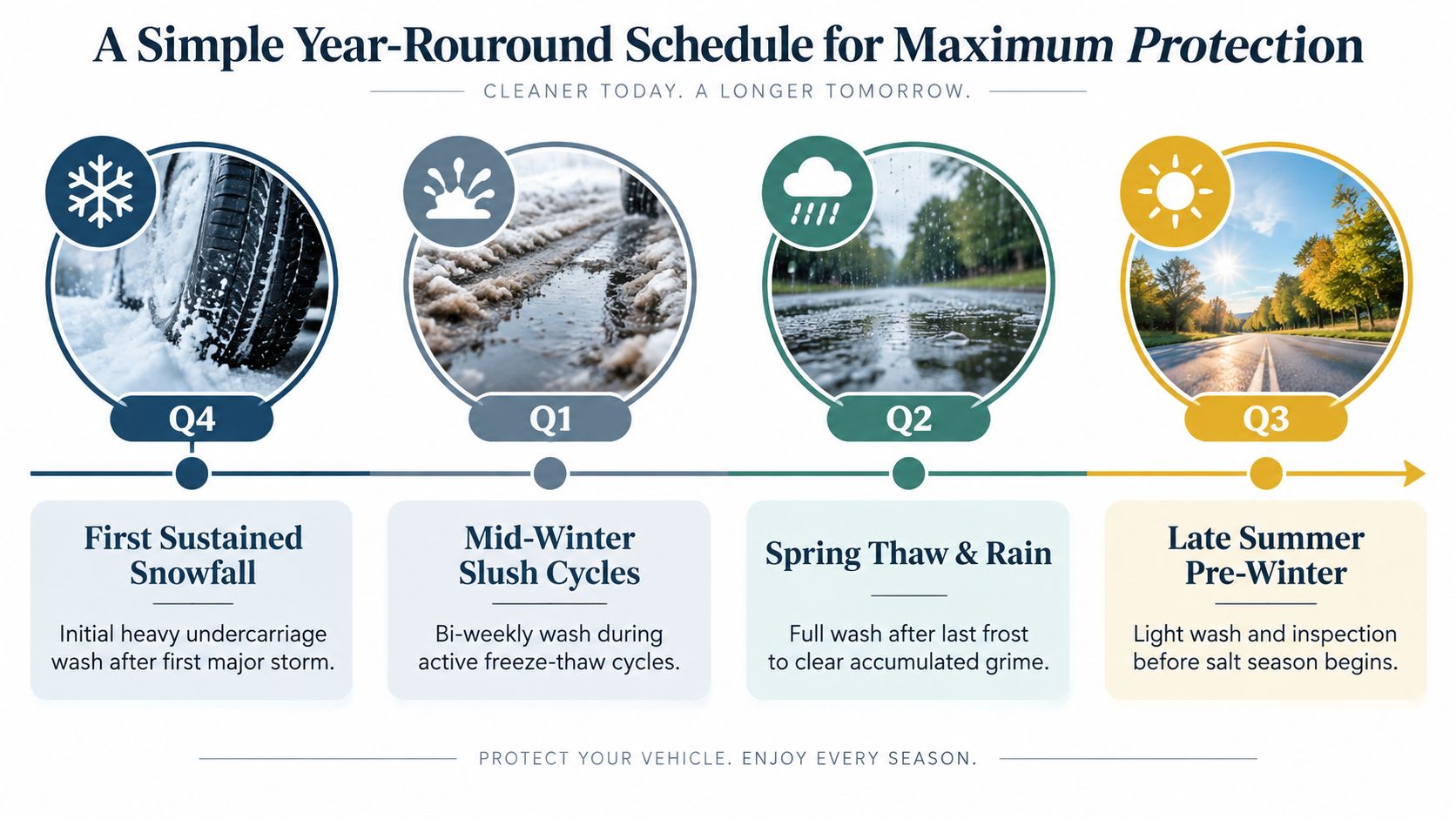 A year-round vehicle maintenance schedule infographic highlighting when to wash your car based on seasonal weather changes.