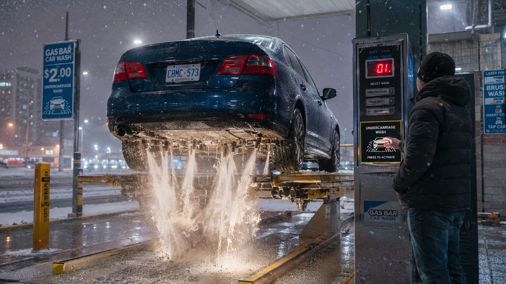 A person activating an undercarriage wash for a blue sedan at a gas station car wash facility.