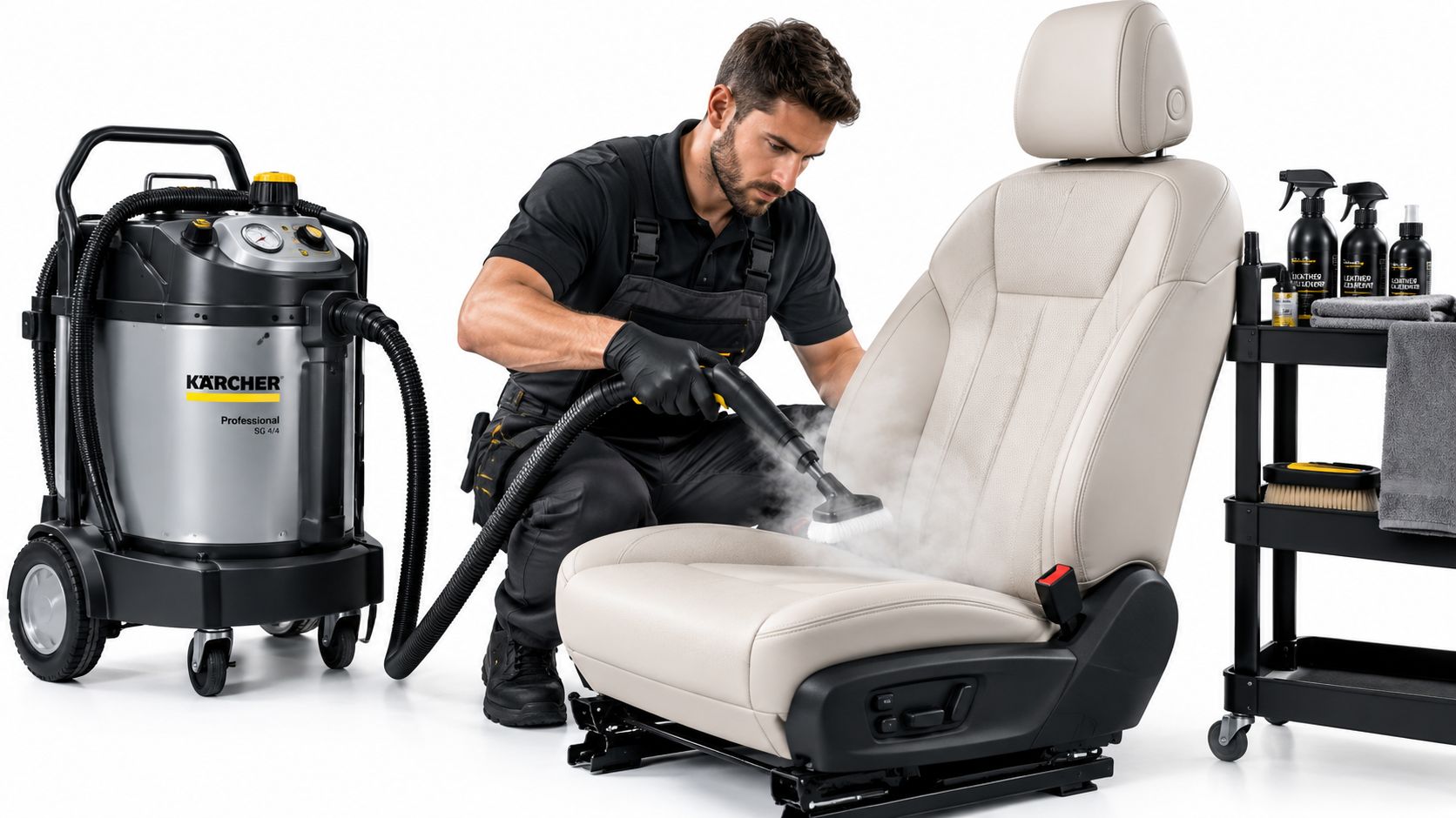 A professional car detailer uses a Karcher steam cleaner to deep clean a luxury beige leather car seat.