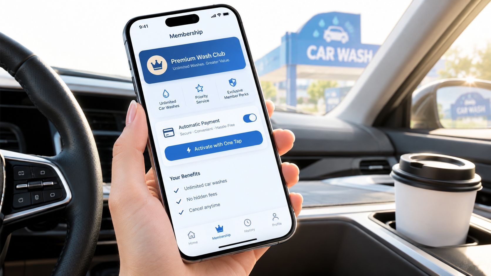 A person holding a smartphone displaying a car wash membership app inside a vehicle.