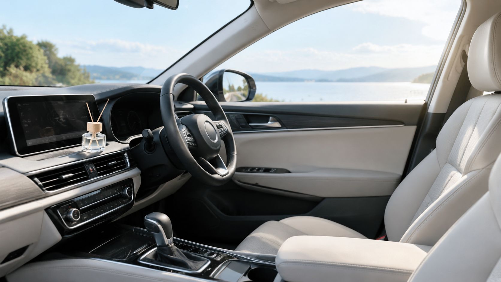 A luxurious car interior with light leather seats and an air freshener placed on the dashboard.