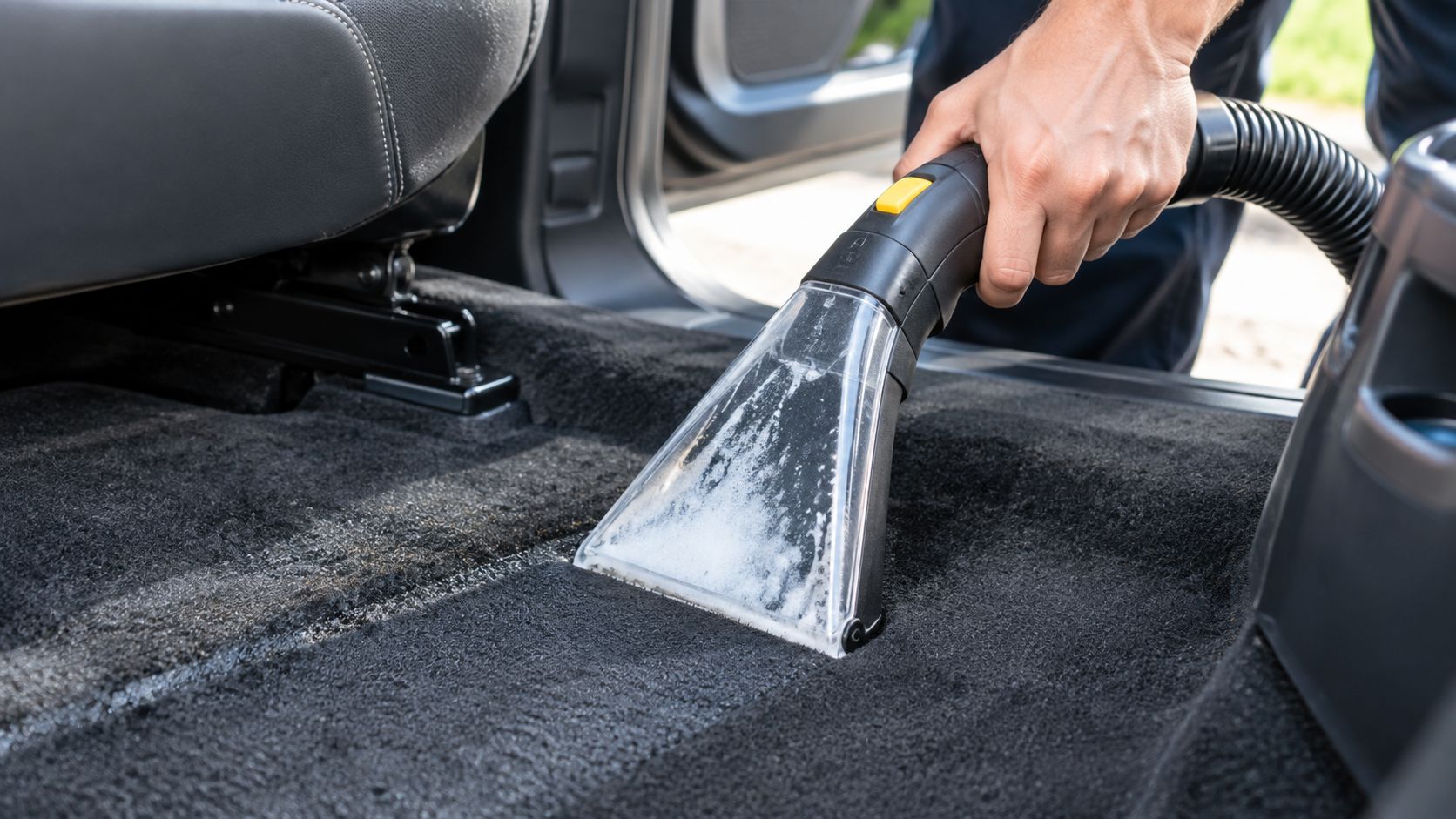 A close-up view of a person using a steam extraction machine to clean a car's black interior carpet.