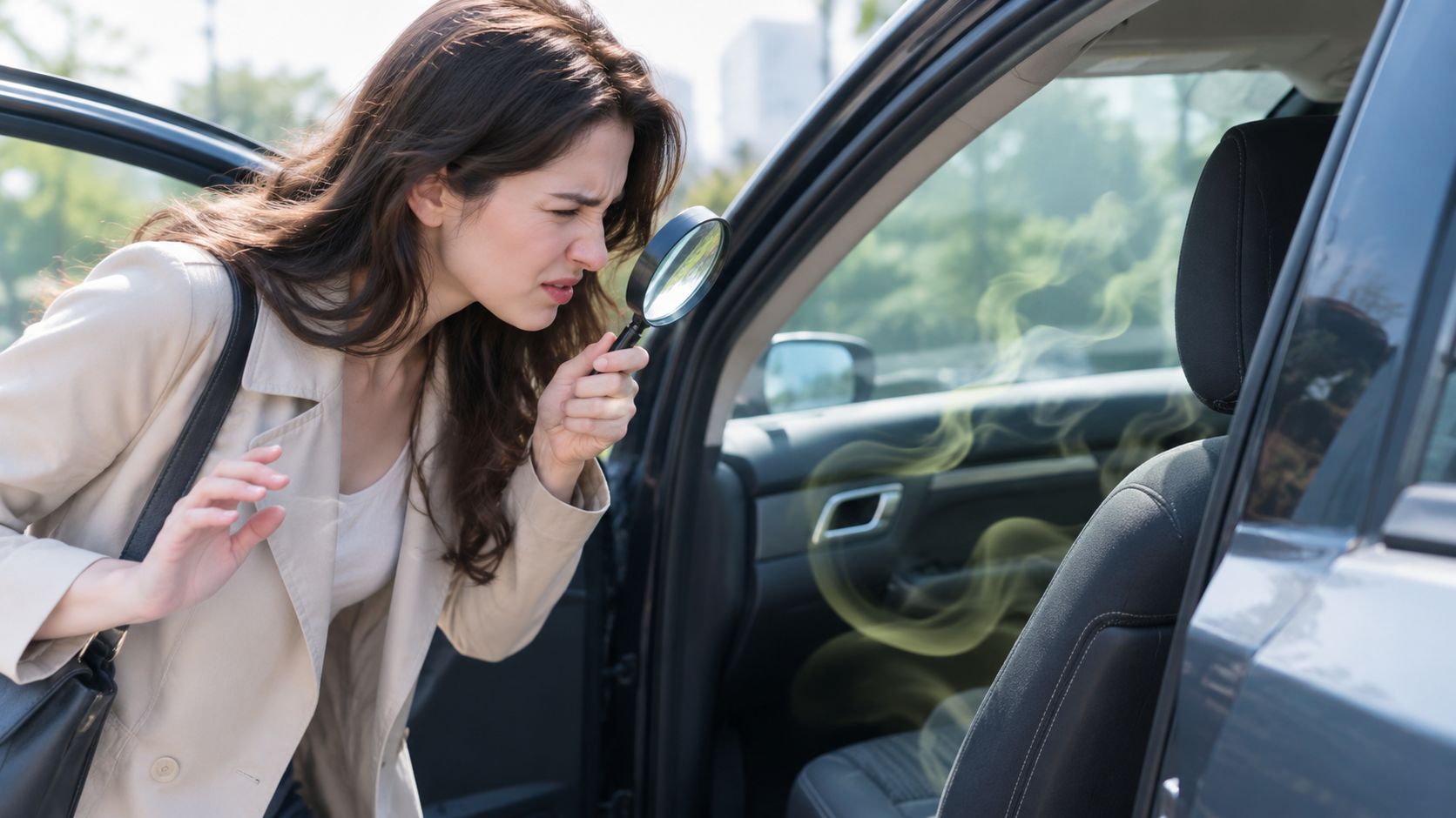 A woman investigating unpleasant odors inside a car seat using a magnifying glass with visible vapor smoke.