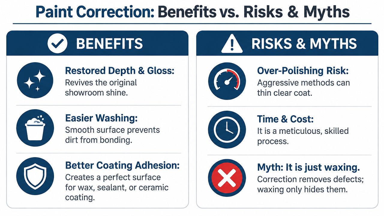 An infographic titled Paint Correction: Benefits vs. Risks & Myths, explaining pros, cons, and common misconceptions.