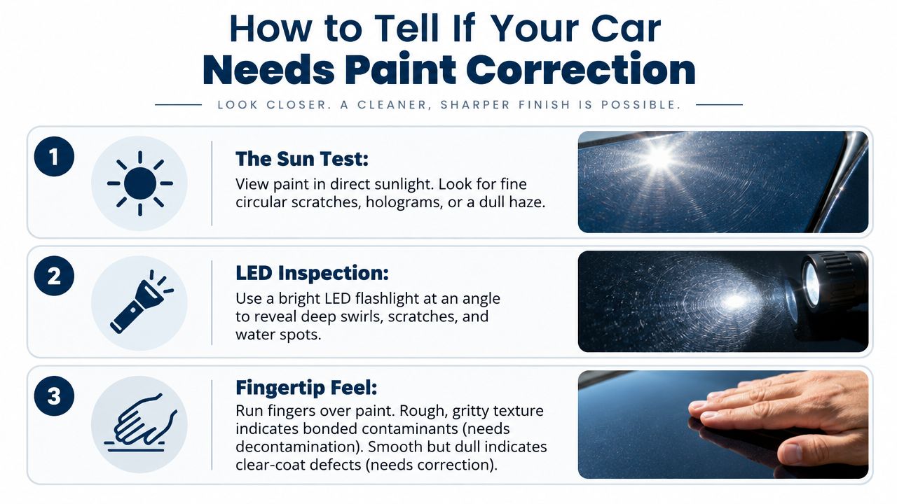 An infographic showing three tests for car paint correction including the sun test, LED inspection, and fingertip feel.
