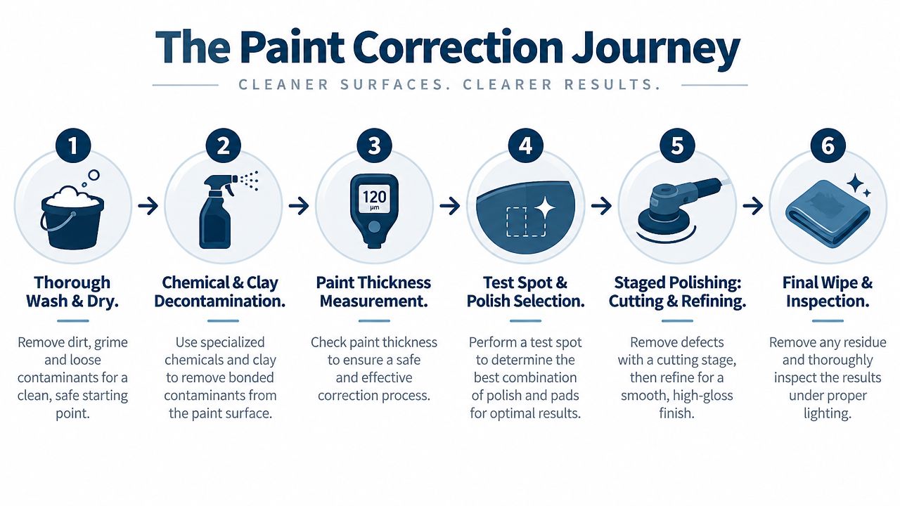 A six-step infographic detailing the professional car paint correction process from initial washing to final inspection.