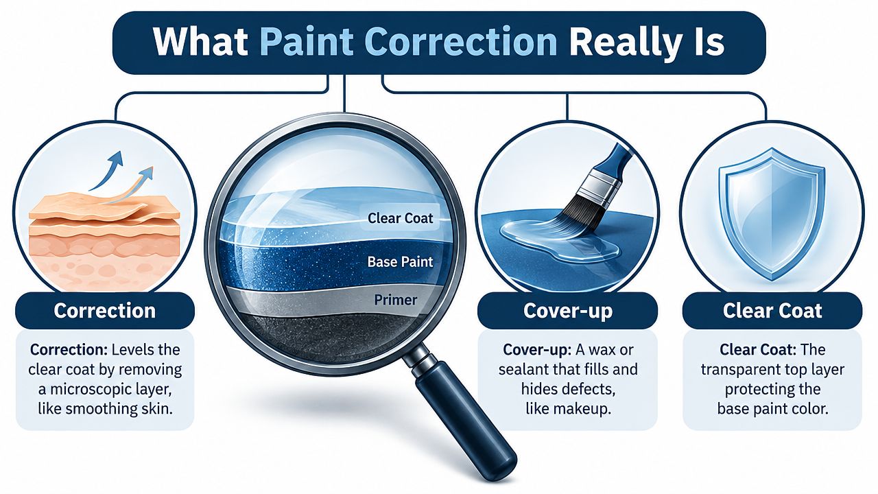 An infographic illustrating the difference between paint correction, cover-up methods, and the function of the clear coat layer.