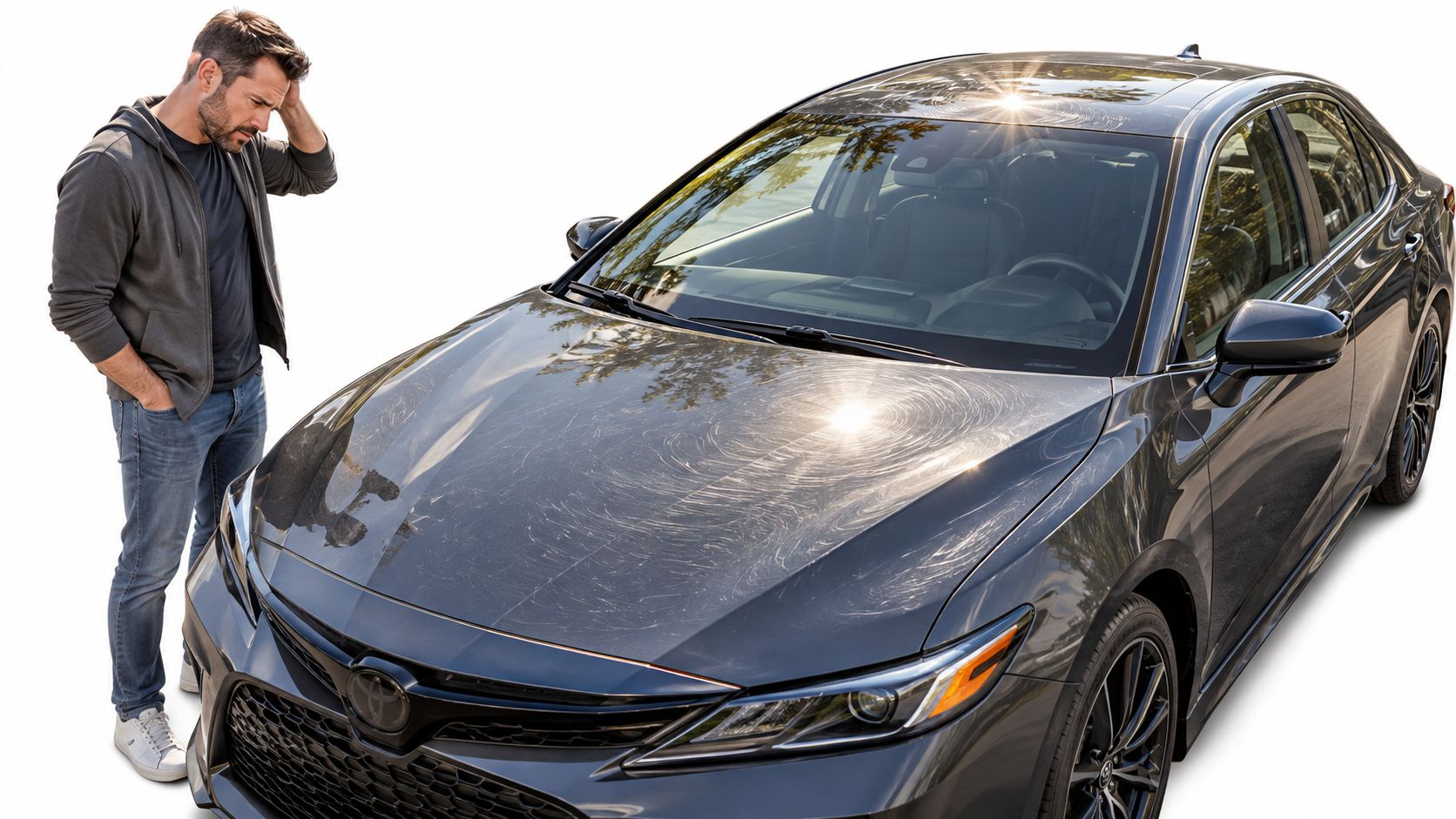 A concerned man looking at deep swirl marks and scratches on the hood of his dark car.