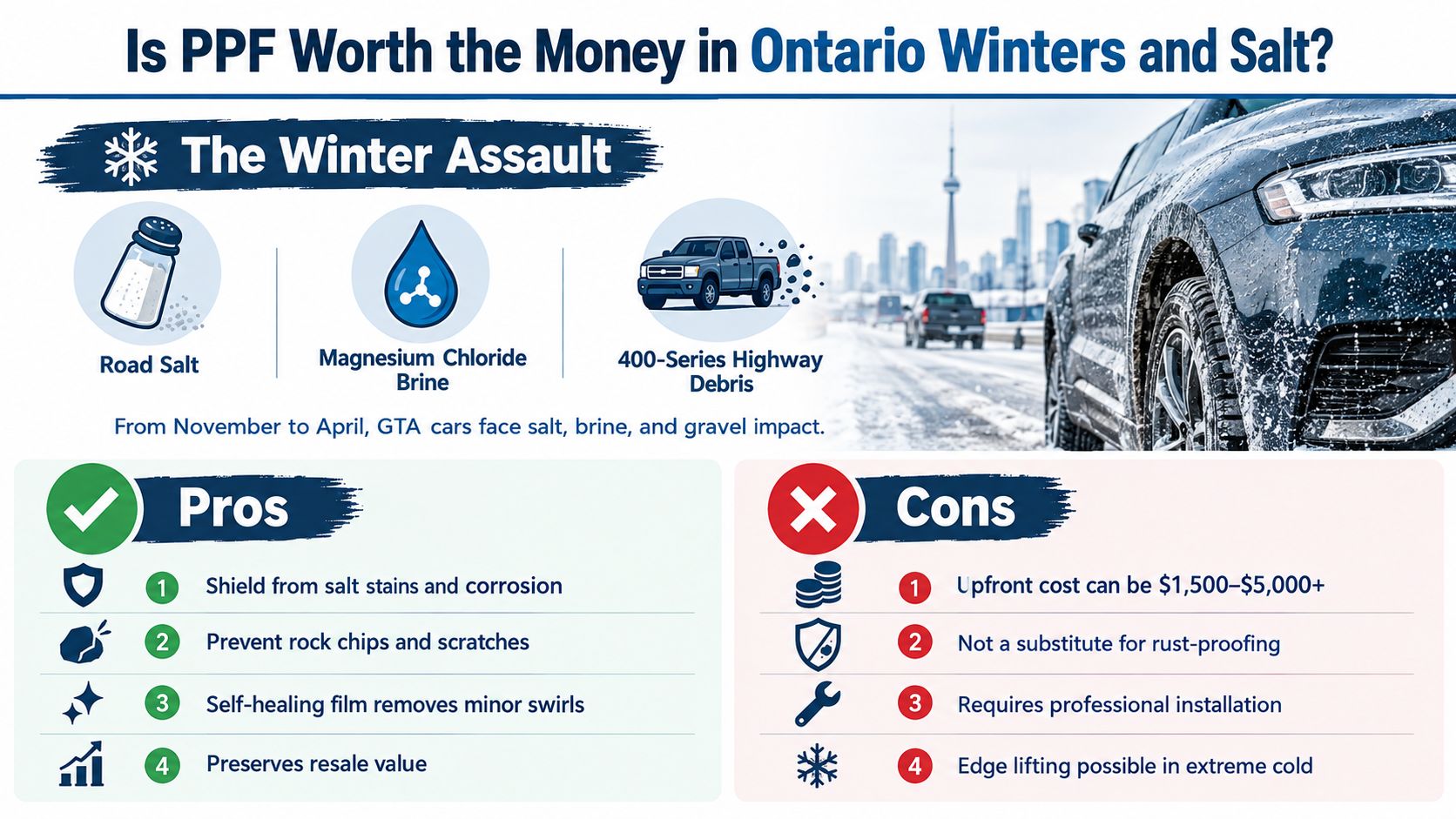 An infographic showing the pros and cons of using paint protection film for vehicles in Ontario winters.
