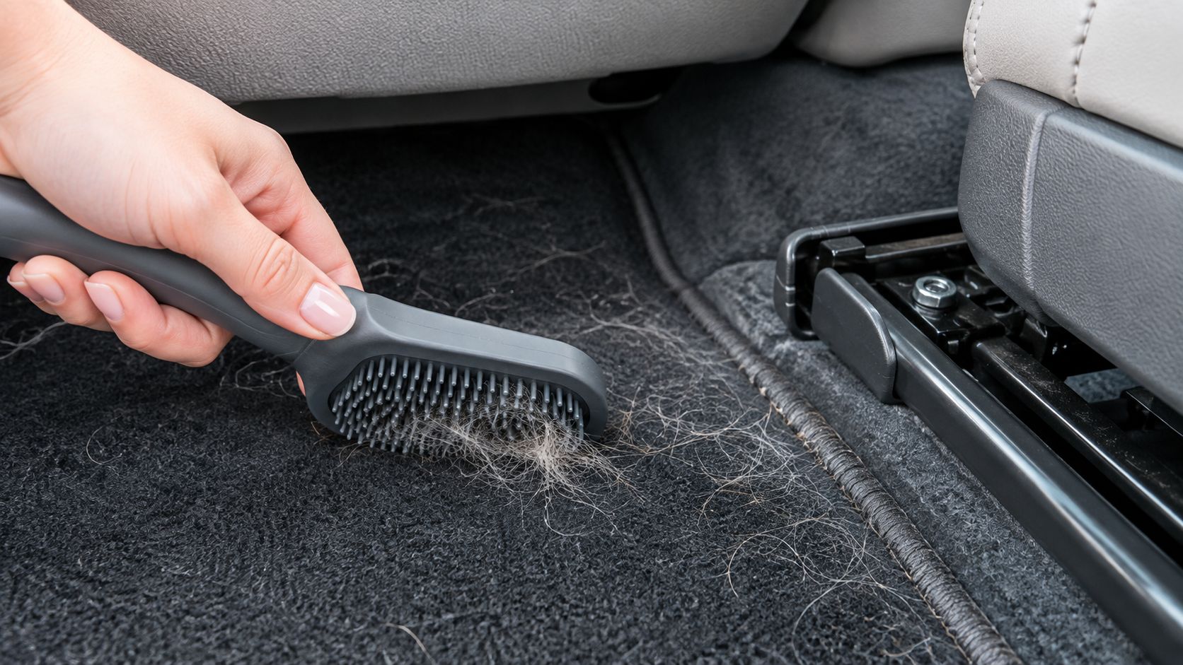 A hand using a rubber bristled brush to remove pet hair from a car floor carpet