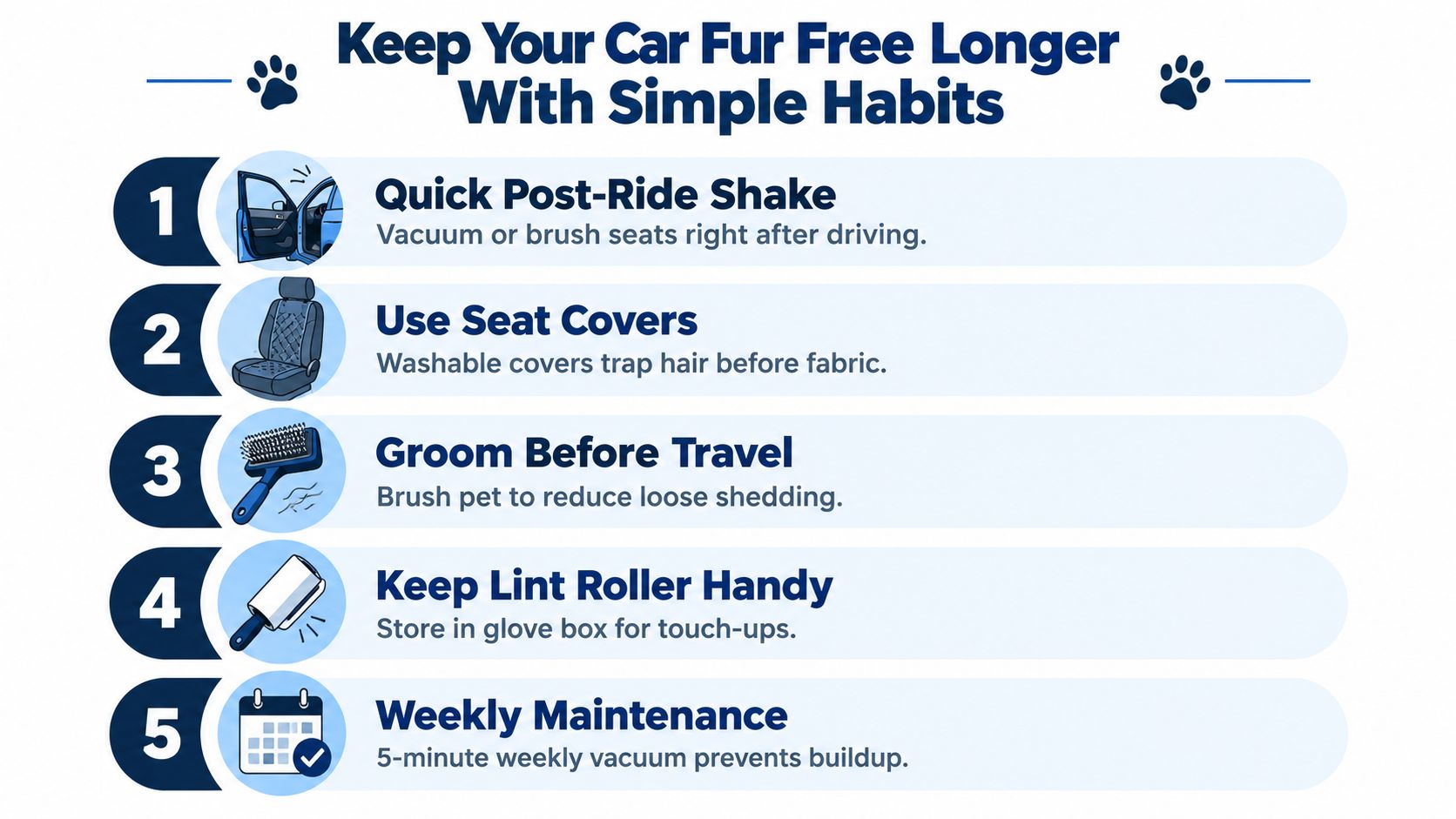 An infographic titled Keep Your Car Fur Free Longer With Simple Habits listing five steps.