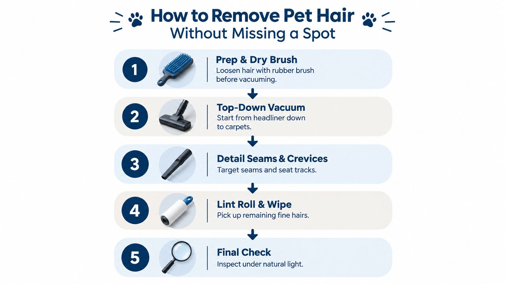 An infographic titled How to Remove Pet Hair featuring five sequential steps for vehicle interior cleaning.