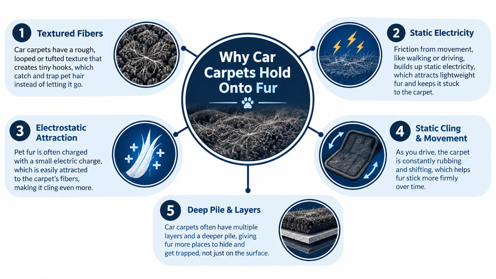 An infographic explaining five scientific reasons why pet hair gets stuck to car carpets and upholstery fibers.