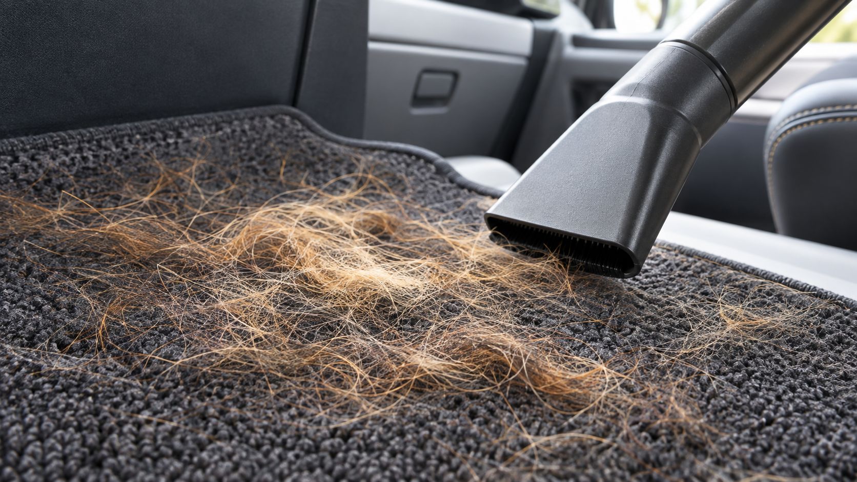 A car vacuum cleaner nozzle removing pet hair from a dark gray textured carpet floor mat.