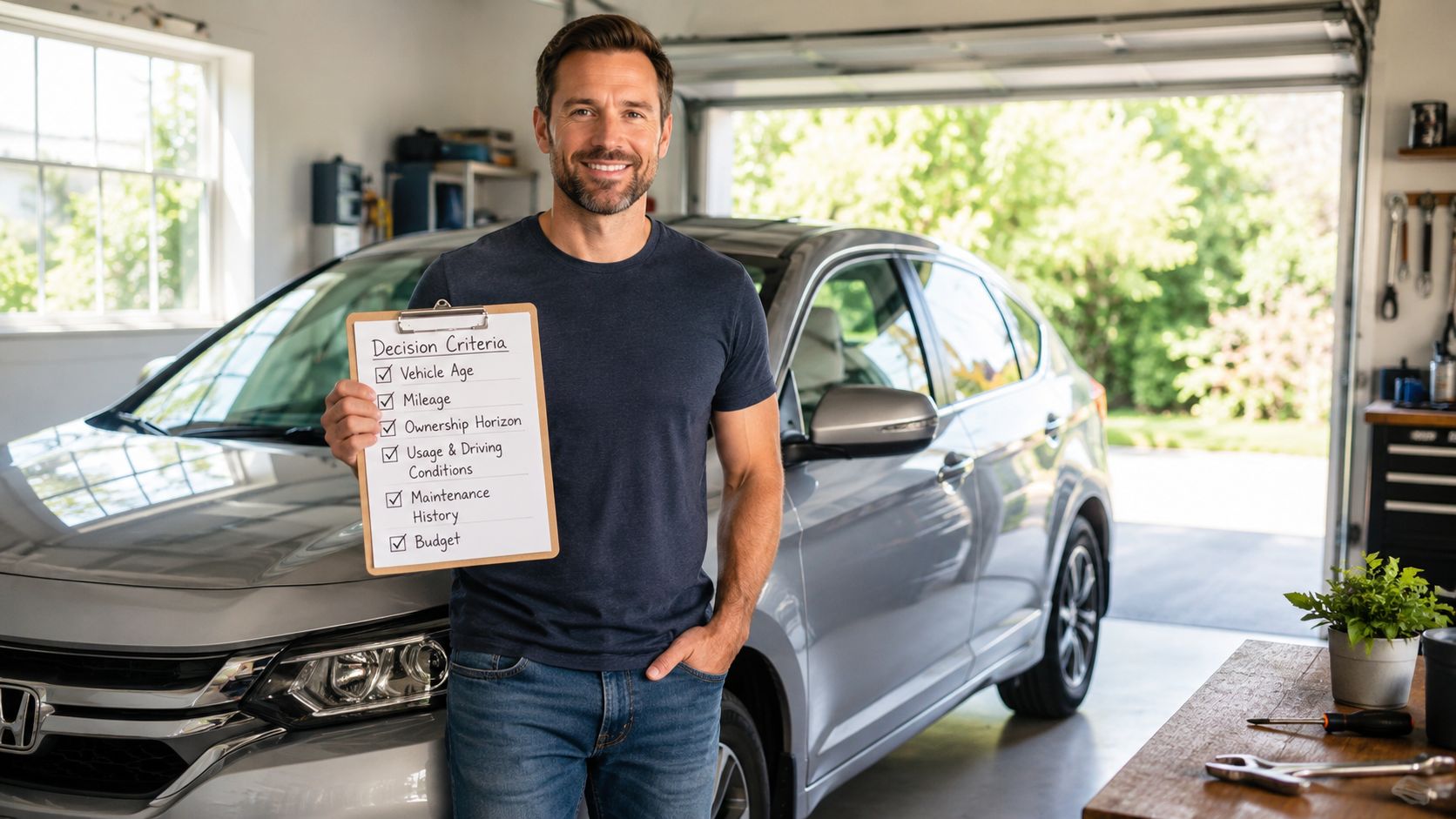 A smiling mechanic holding a clipboard with vehicle decision criteria in front of a silver car in a garage.