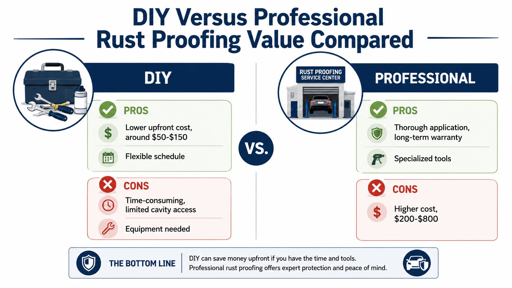 A comparison infographic detailing the pros and cons of DIY versus professional car rust proofing services.