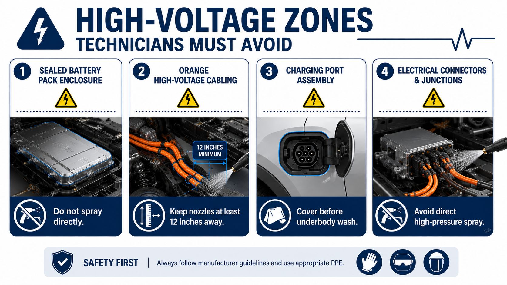 A safety infographic highlighting four high-voltage components in electric vehicles that technicians must avoid when spraying water.