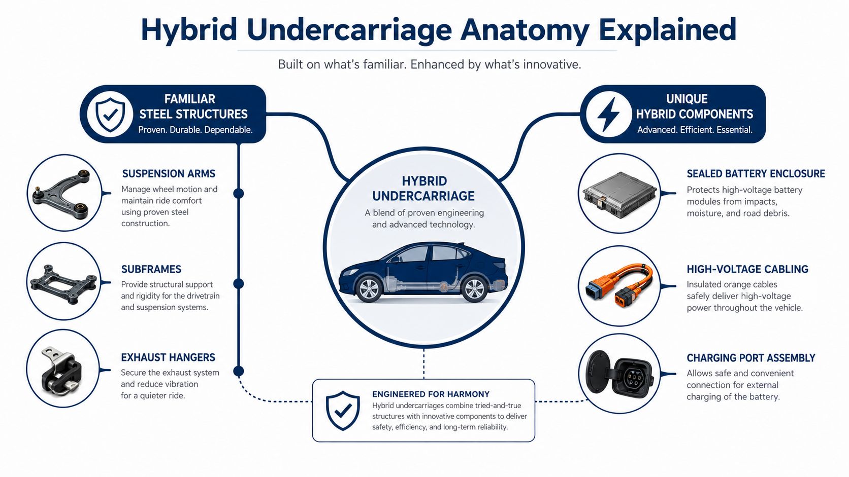 An infographic detailing the anatomy of a hybrid car undercarriage, showcasing both traditional steel components and advanced hybrid technology.