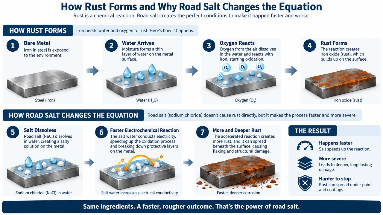 A step-by-step infographic explaining how rust forms on steel and how road salt accelerates the corrosion process.
