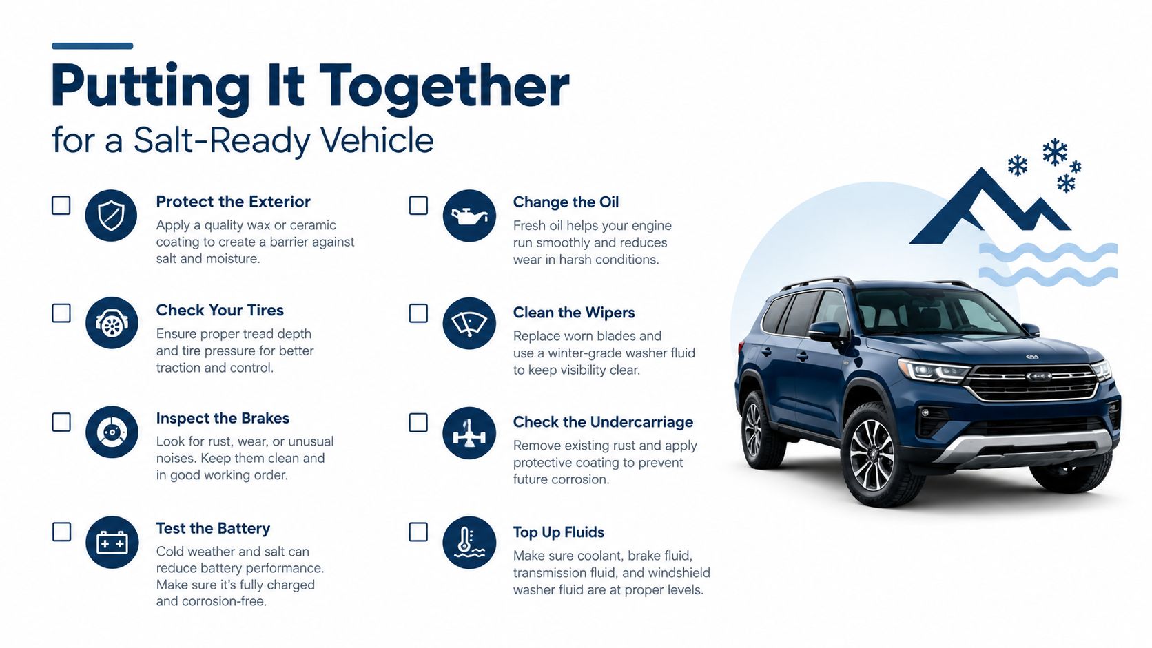 A car maintenance checklist for salt-ready vehicles featuring eight essential tips for protecting cars in winter.
