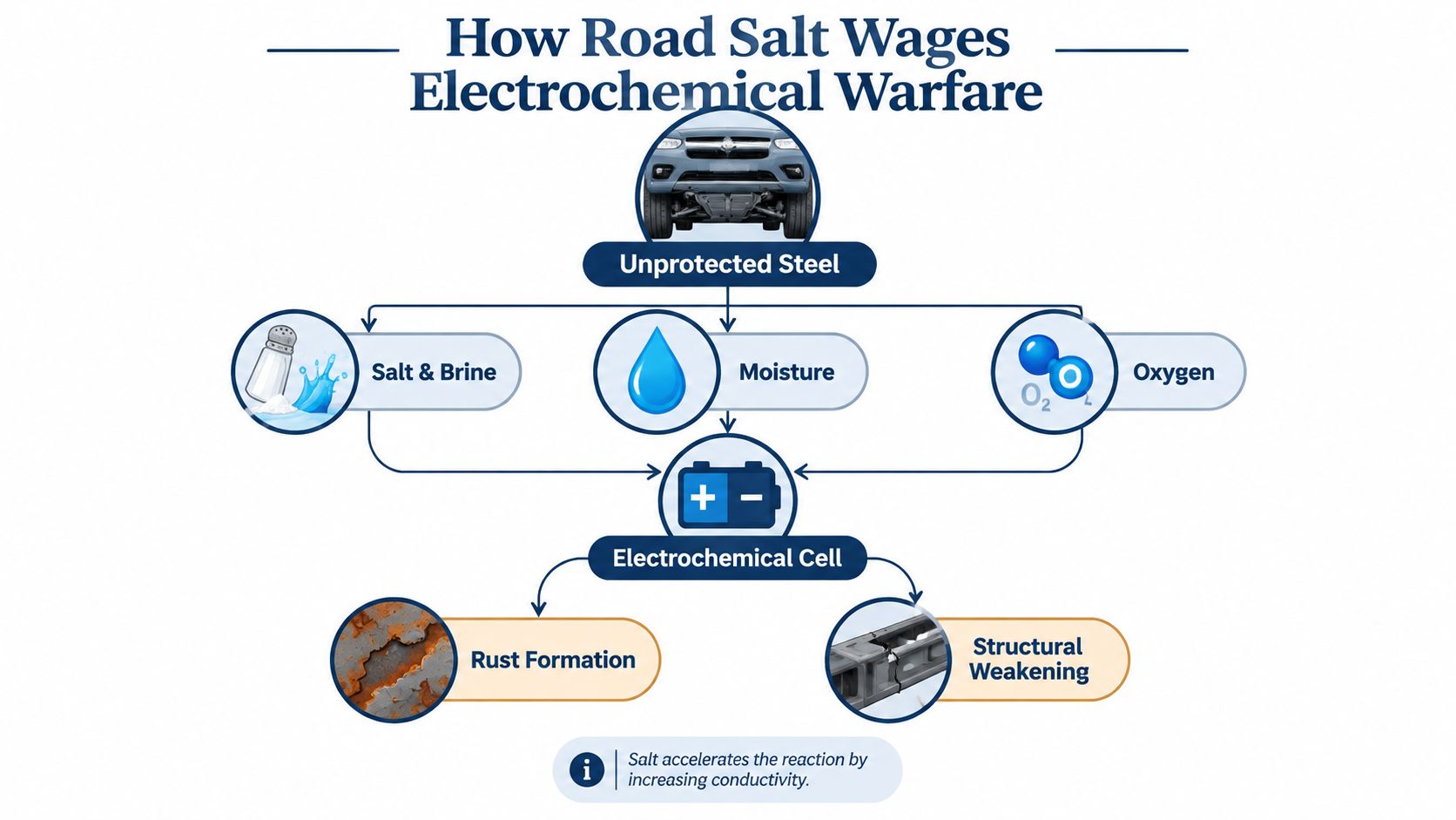 A diagram illustrating how road salt, moisture, and oxygen cause electrochemical corrosion and structural damage to vehicle steel.