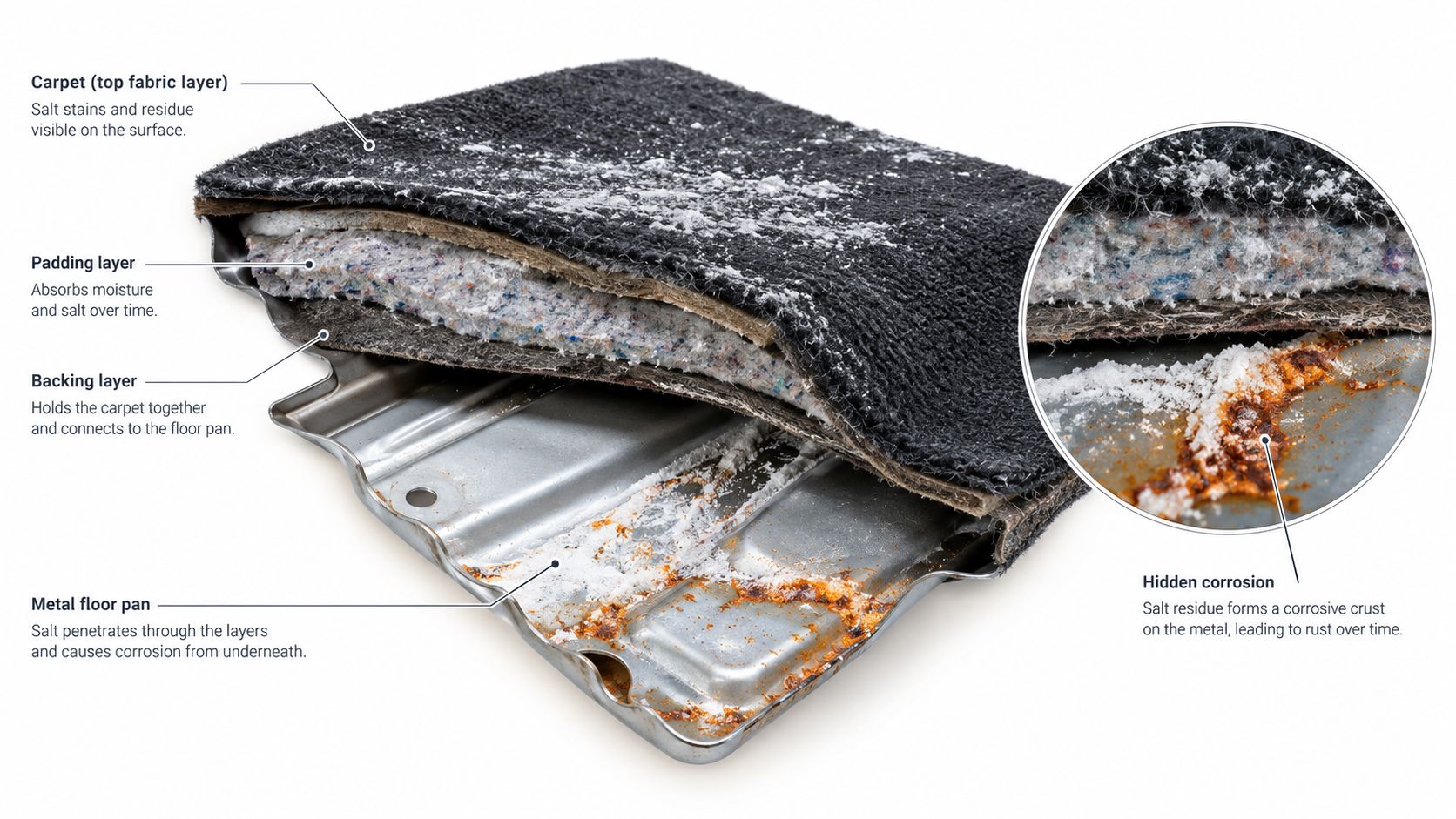 A cutaway view of car carpeting and flooring showing how salt causes hidden rust and corrosion damage.
